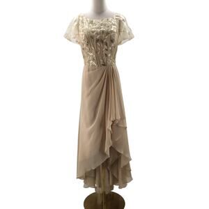 Beige Sequined Bodice High-Low Evening Dress